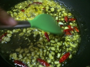 Then add bisbas to oil and garlic